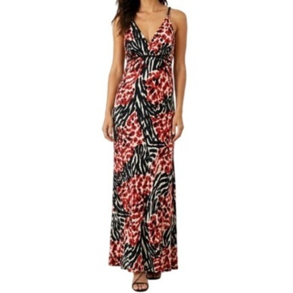 Vintage Y2K Star Vixen Empire Waist‎ Maxi Dress Womens L Black Red Animal Print